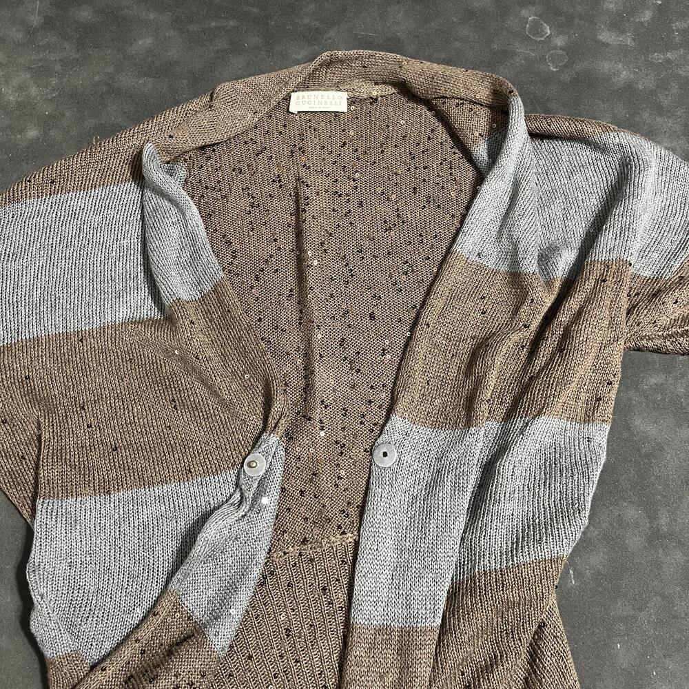Brunello Cucinelli Silk Cardigan Sweater Sequin Linen Italy Embellished Striped - Picture 10 of 15